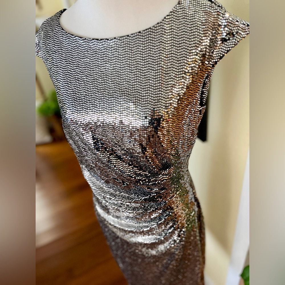 Anne Klein Shimmering Sparkle Silver Rouched Waist Mini Dress Sz M - Picture 8 of 11